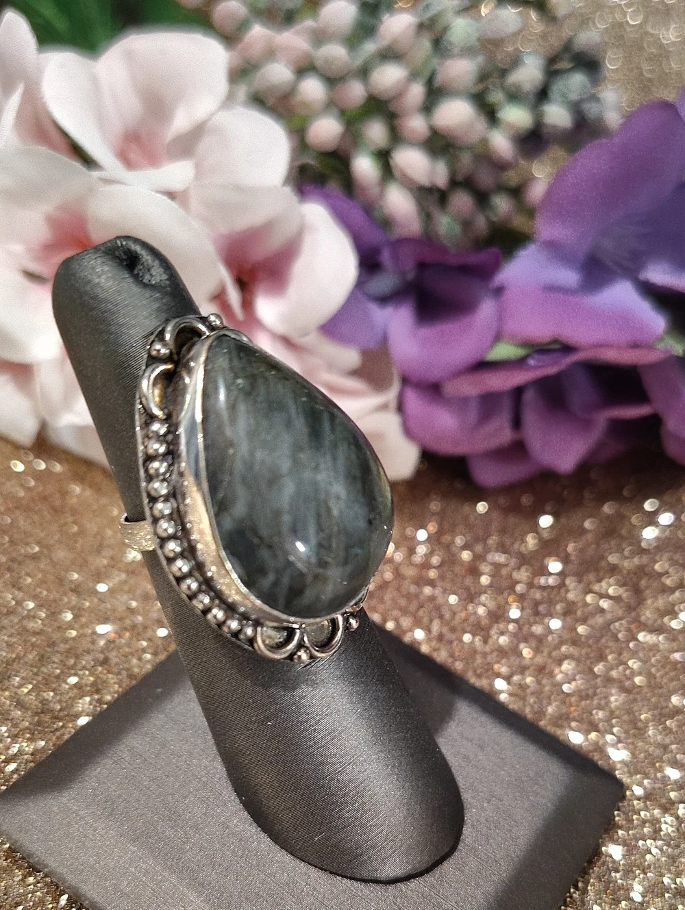 Laboradorite Teardrop 925 Silver Ring Size 6 1/2